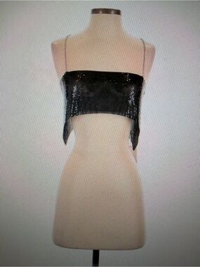 DA VEAMOR Black Sequin Bandeau Crop Top with Chain Straps SZ M, NWT